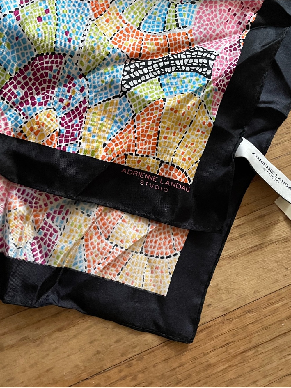 Adrienne Landau Multicolor Mosaic Silk Scarf with Black Border
